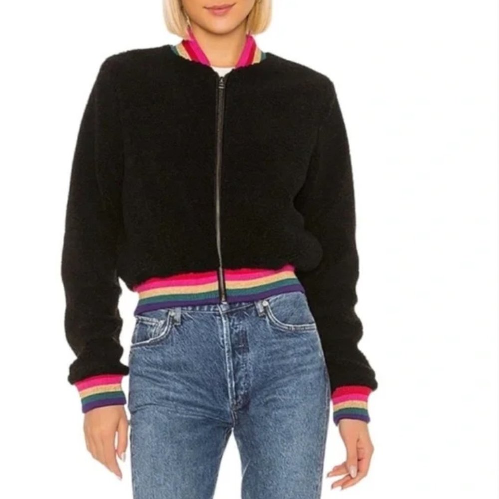 Spiritual Gangster Cropped Furry Bomber Zip Jacket Rainbow Trim Black Size M